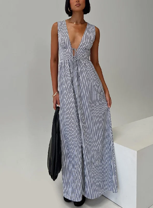 Wedding guest dresses with convertible straps- -Pokey Maxi Dress Black / White Stripe