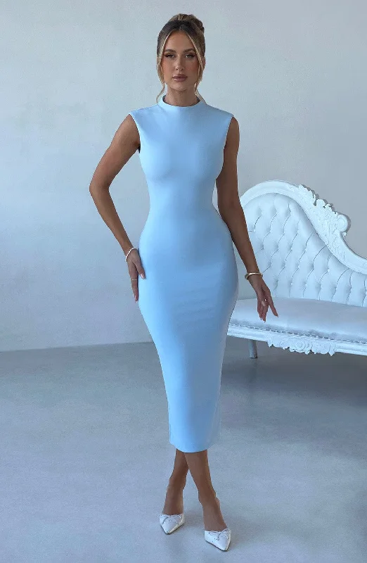 Party dresses for formal events with bold, vibrant colors and metallic accents for a modern and trendy style -Moira Midi Dress - Blue Party dresses for formal events with bold, vibrant colors and metallic accents for a modern and trendy style -Moira Midi Dress - Blue