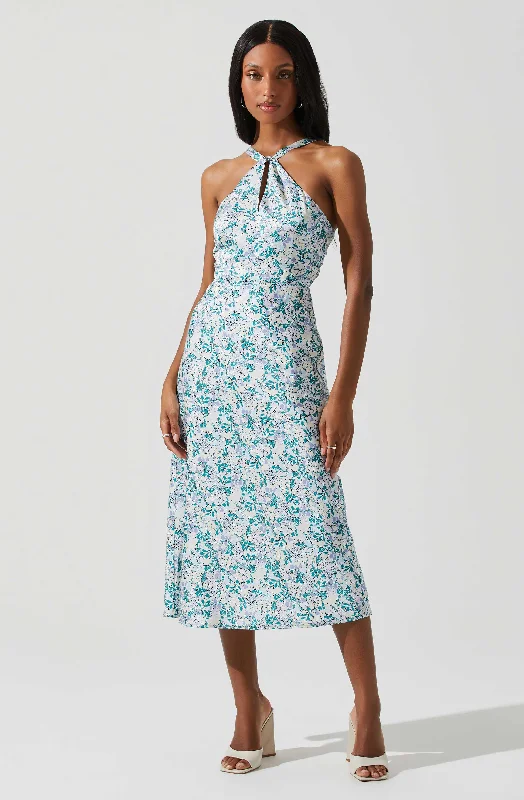 How to style scarves for chilly evening wedding guests- -Sandrine Floral Halter Midi Dress How to style scarves for chilly evening wedding guests- -Sandrine Floral Halter Midi Dress