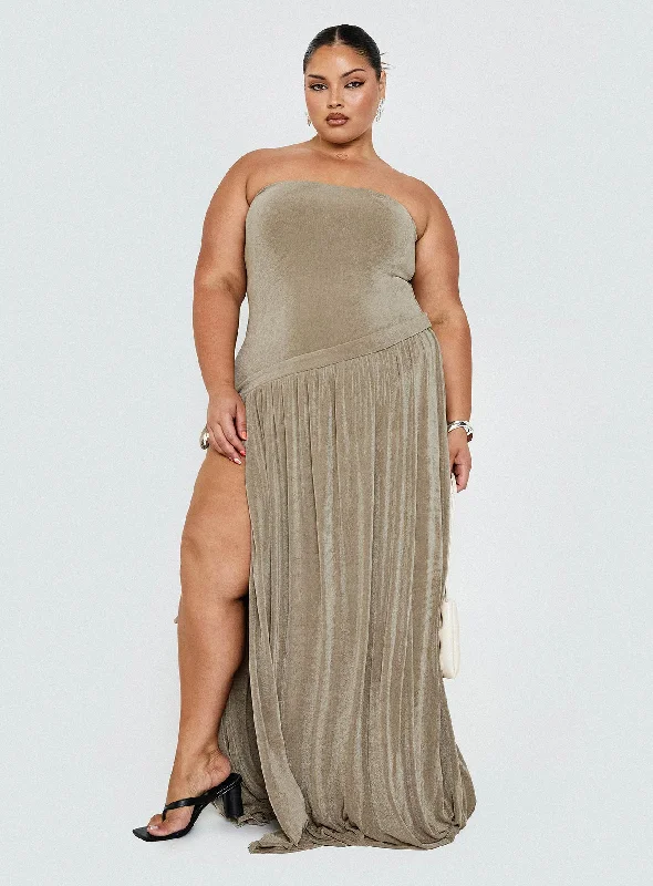 Formal dresses for formal events with bold, vibrant colors and metallic accents for a modern look -Inka Strapless Maxi Dress Taupe Curve