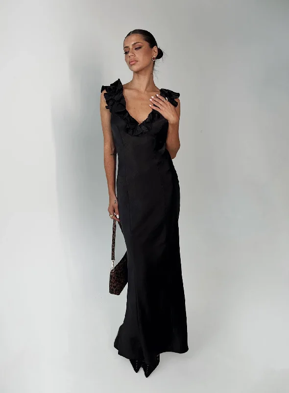 Party dresses with metallic colors and sequins for formal parties and special occasions to dazzle -Butacup Frill Maxi Dress Black
