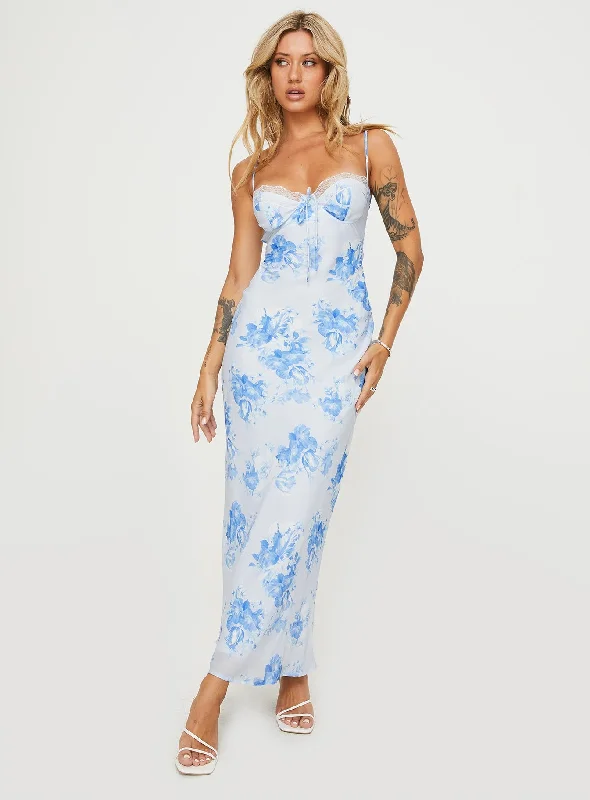 Sequin prom dresses with high slits -Hamri Maxi Dress White / Blue Floral