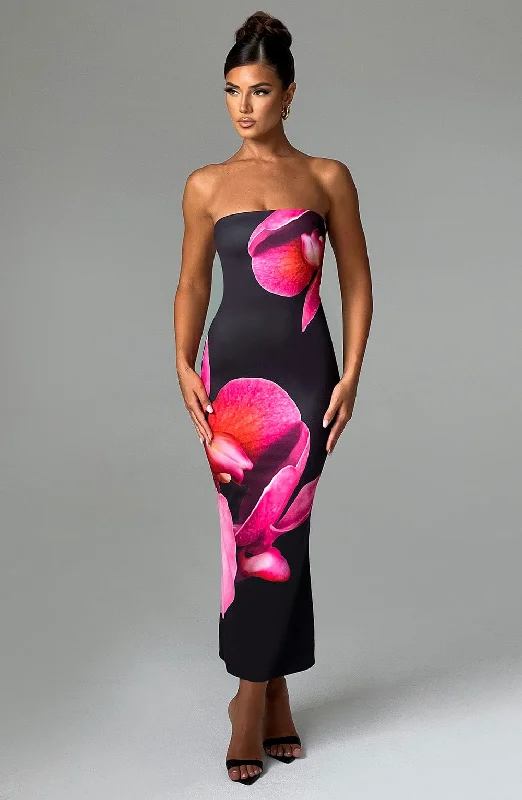 Party dresses for formal events with convertible sleeves and necklines for flexibility and style versatility -Allegra Midi Dress - Black Floral Print Party dresses for formal events with convertible sleeves and necklines for flexibility and style versatility -Allegra Midi Dress - Black Floral Print