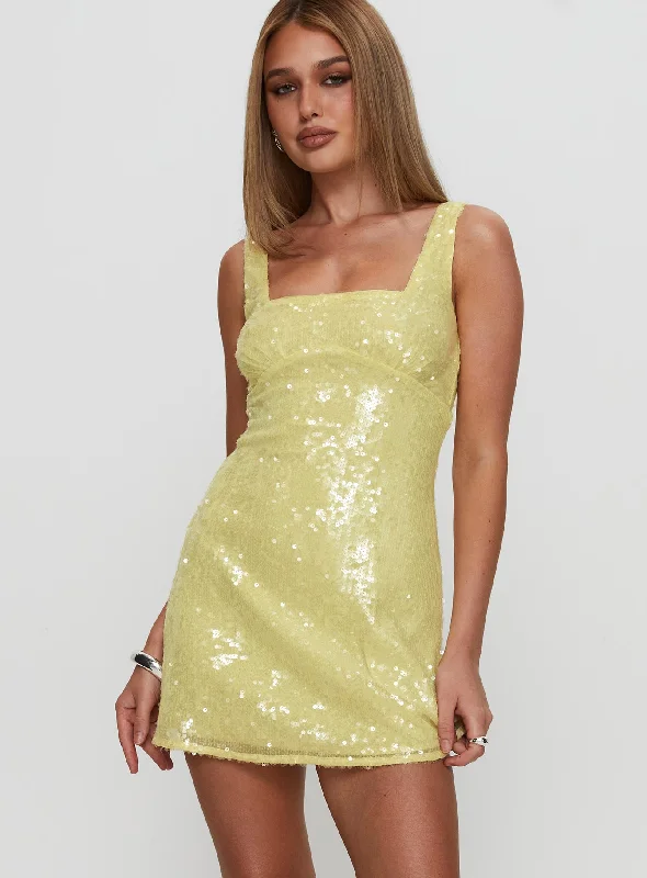A-line prom dresses for petite women -Dasha Mini Dress Yellow Sequin