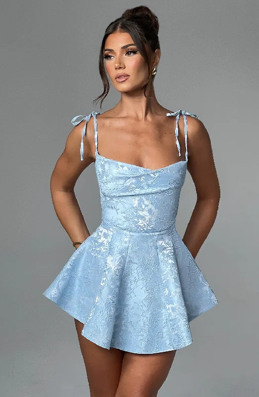 Formal gowns for special occasions with custom designs and embroidery for exclusivity and uniqueness -Emmie Playsuit Dress - Blue Formal gowns for special occasions with custom designs and embroidery for exclusivity and uniqueness -Emmie Playsuit Dress - Blue