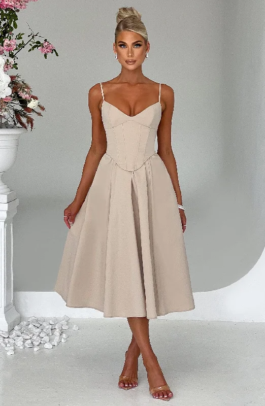Formal corset dresses for formal events with classic silhouettes and vintage-inspired accessories for a classic look -Mariella Midi Dress - Beige Formal corset dresses for formal events with classic silhouettes and vintage-inspired accessories for a classic look -Mariella Midi Dress - Beige