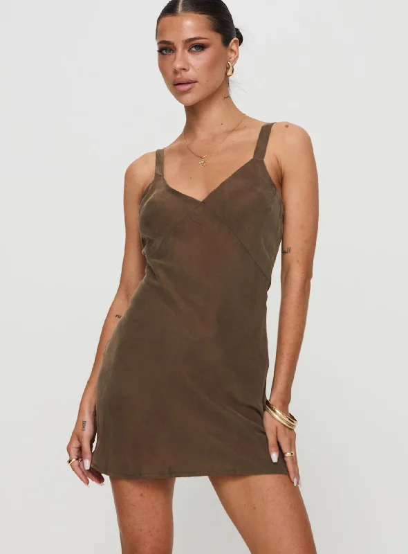 Party dresses for formal events with bright colors and metallic accents for a modern and trendy style -Laurette Mini Dress Brown Party dresses for formal events with bright colors and metallic accents for a modern and trendy style -Laurette Mini Dress Brown