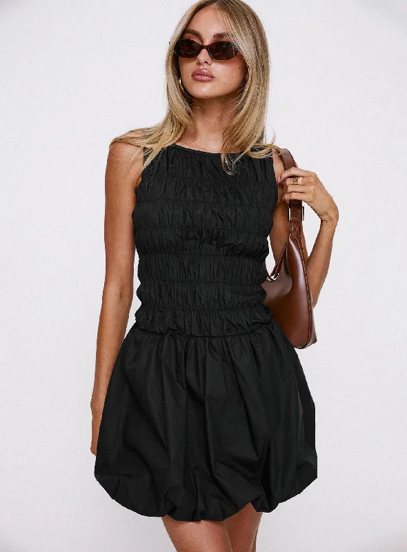 Prom dresses for outdoor events -Demure Shirred Bubble Hem Mini Dress Black