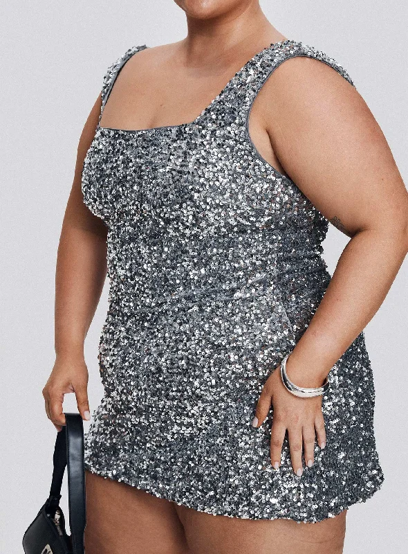 Birthday dresses with convertible necklines and sleeves for versatility and styling flexibility -Miss Me Sequin Mini Dress Silver Curve Birthday dresses with convertible necklines and sleeves for versatility and styling flexibility -Miss Me Sequin Mini Dress Silver Curve