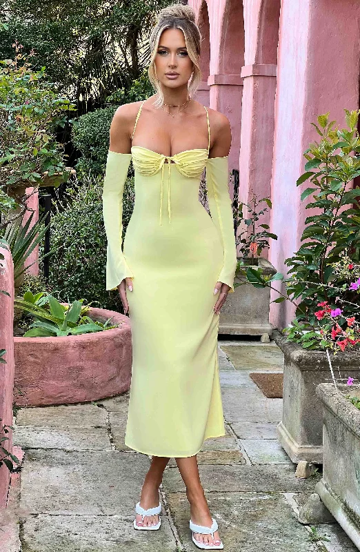 Party dresses with metallic accents and glitter for parties and celebrations -Dulce Midi Dress - Lemon