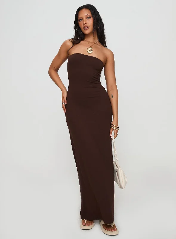 Party dresses with unique accessories and embellishments for special occasions -Bellaire Strapless Maxi Dress Brown