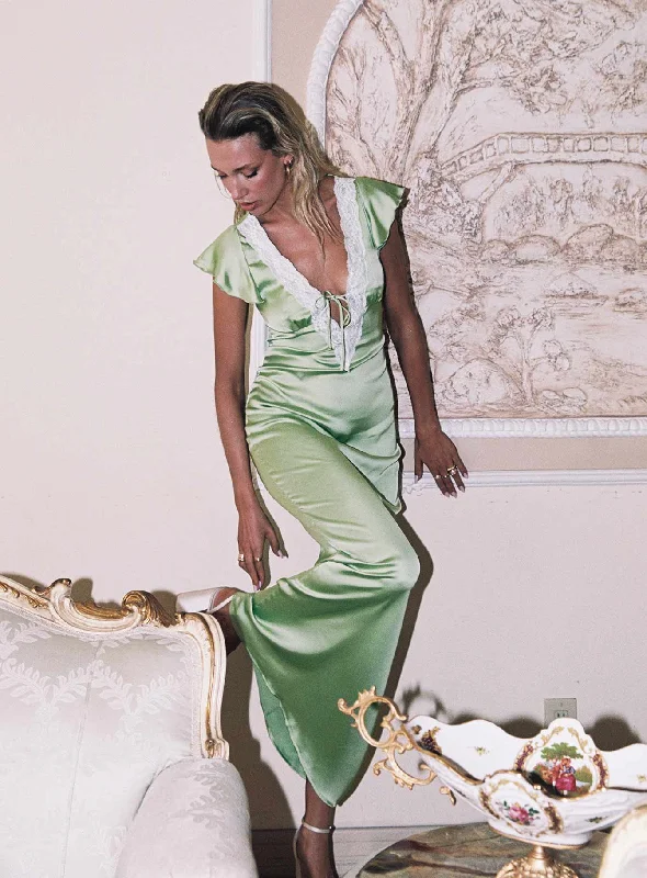 Birthday dresses for summer with breathable and cooling fabrics for comfort and relaxation -Armas Lace Trim Maxi Dress Green Birthday dresses for summer with breathable and cooling fabrics for comfort and relaxation -Armas Lace Trim Maxi Dress Green