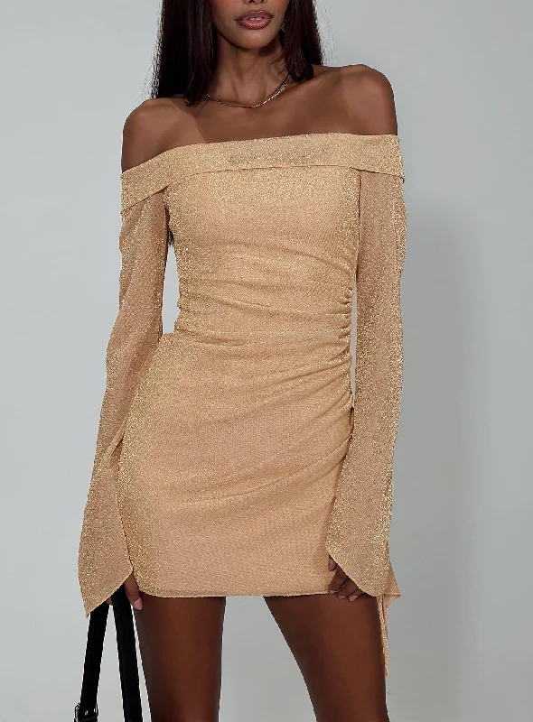 Birthday dresses with unique accessories and embellishments -Villar Off The Shoulder Mini Dress Gold Birthday dresses with unique accessories and embellishments -Villar Off The Shoulder Mini Dress Gold
