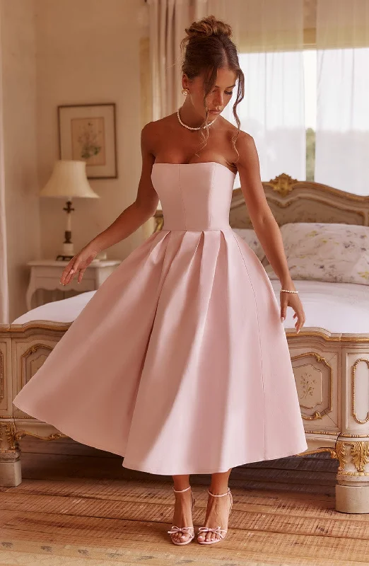 Party dresses for special occasions with custom designs and embroidery for exclusivity and uniqueness -Edith Midi Dress - Blush Party dresses for special occasions with custom designs and embroidery for exclusivity and uniqueness -Edith Midi Dress - Blush