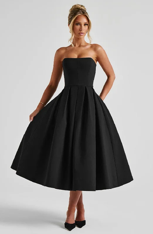 Prom dresses for autumn with warm, earthy tones and textures for a cozy and inviting atmosphere -Edith Midi Dress - Black Prom dresses for autumn with warm, earthy tones and textures for a cozy and inviting atmosphere -Edith Midi Dress - Black