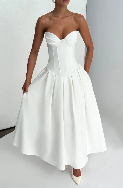 Party dresses for formal events with floral patterns and pastel colors for a fresh look -Salma Midi Dress - Ivory Party dresses for formal events with floral patterns and pastel colors for a fresh look -Salma Midi Dress - Ivory