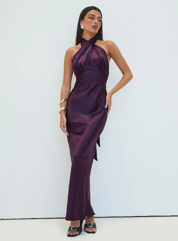 Formal gowns with glittering beads -Rosaminta Halter Maxi Dress Plum