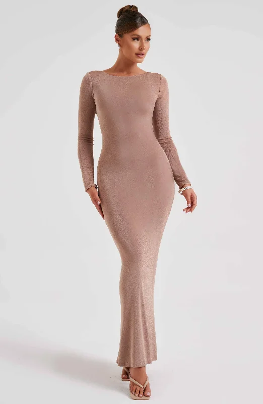 Formal gowns with metallic colors and sequins for formal parties and special occasions to dazzle and impress -Anastassia Maxi Dress - Chocolate