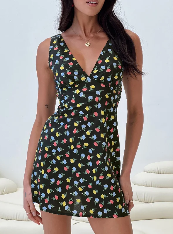 Party dresses for formal events with convertible necklines -Nellie Mini Dress Black / Multi Floral Party dresses for formal events with convertible necklines -Nellie Mini Dress Black / Multi Floral