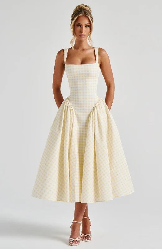 Formal party dresses with luxurious fabrics and sophisticated designs for formal events and galas -Sherrie Midi Dress - Lemon Gingham Formal party dresses with luxurious fabrics and sophisticated designs for formal events and galas -Sherrie Midi Dress - Lemon Gingham