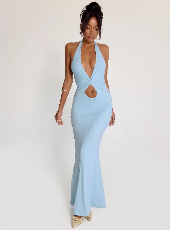 Prom dresses for women with disabilities with accessible designs -No Hard Feelings Twist Maxi Dress Blue