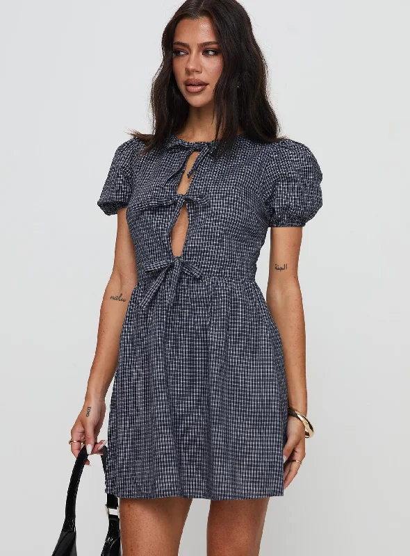 Party dresses for special occasions with custom designs and embroidery for exclusivity and uniqueness -Nurture Bow Mini Dress Navy Check Party dresses for special occasions with custom designs and embroidery for exclusivity and uniqueness -Nurture Bow Mini Dress Navy Check