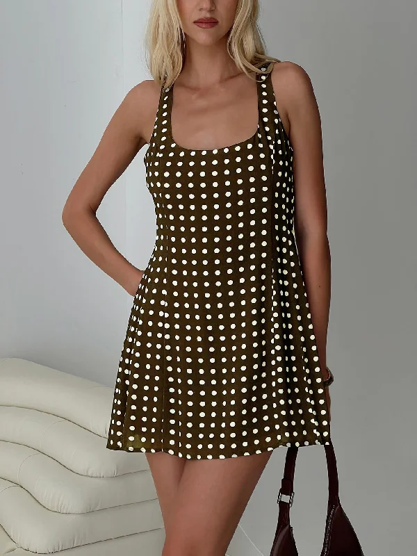 Birthday dresses with convertible necklines and sleeves -Serina Polka Mini Dress Brown / White Birthday dresses with convertible necklines and sleeves -Serina Polka Mini Dress Brown / White