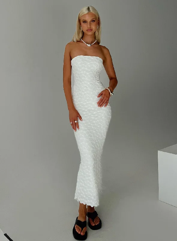 Party dresses with metallic colors and sequins for formal parties and special occasions to dazzle -Jaxx Strapless Maxi Dress White