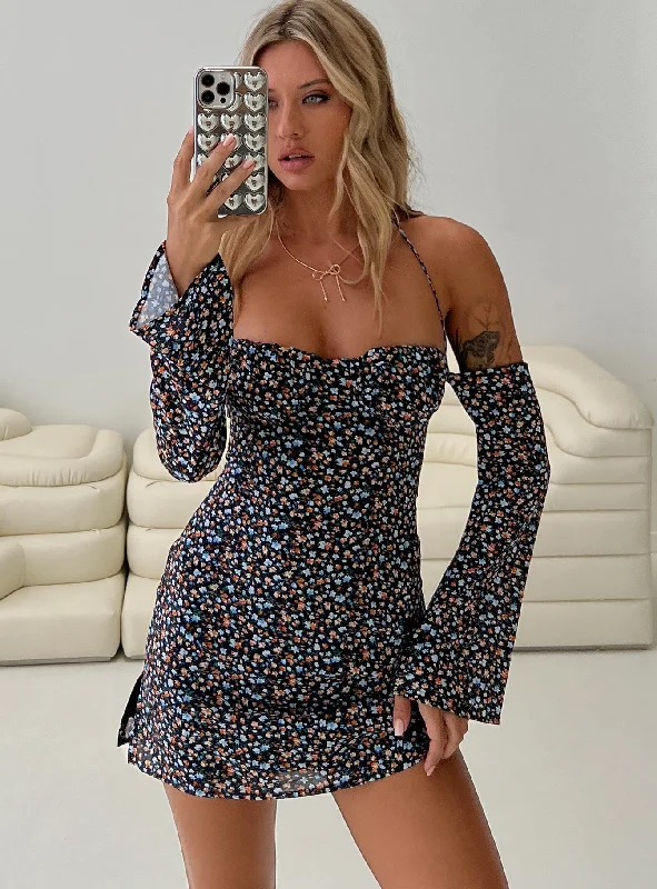 Birthday dresses with metallic accents and glitter for parties and celebrations to shine and impress -Acer Long Sleeve Mini Dress Black / Floral Birthday dresses with metallic accents and glitter for parties and celebrations to shine and impress -Acer Long Sleeve Mini Dress Black / Floral