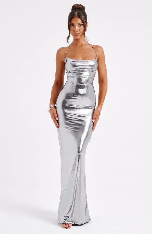 Party dresses with eco-friendly materials and sustainable production for environmental responsibility and awareness -Talisa Maxi Dress - Gunmetal Party dresses with eco-friendly materials and sustainable production for environmental responsibility and awareness -Talisa Maxi Dress - Gunmetal