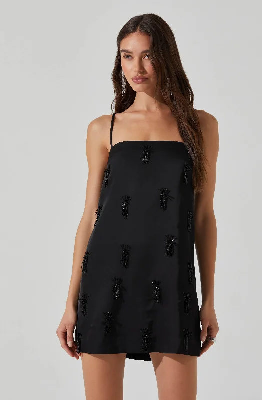Party dresses with eco-friendly materials and sustainable production -Cassiel Satin Embellished Mini Dress Party dresses with eco-friendly materials and sustainable production -Cassiel Satin Embellished Mini Dress