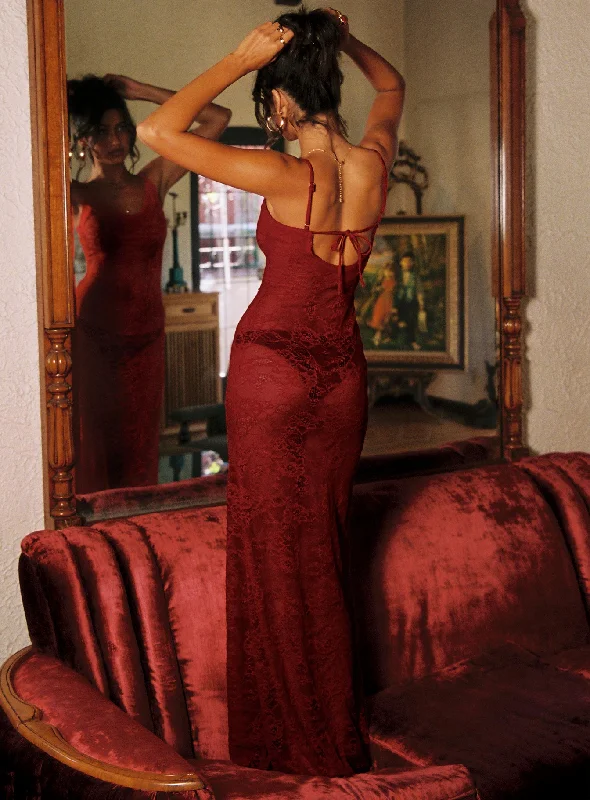 Black party dresses for formal events -Dynamo Sheer Lace Maxi Dress Red