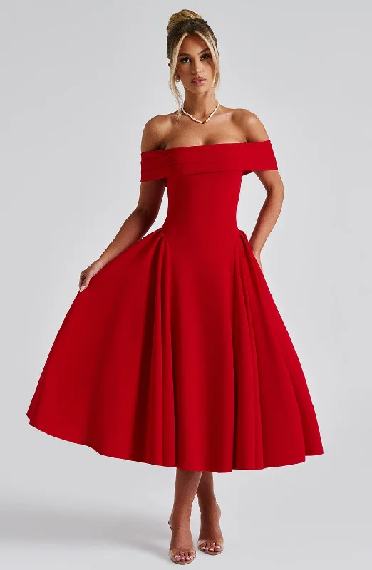 Party dresses with metallic colors and sequins for formal parties and special occasions to dazzle and impress -Miranda Midi Dress - Red Party dresses with metallic colors and sequins for formal parties and special occasions to dazzle and impress -Miranda Midi Dress - Red