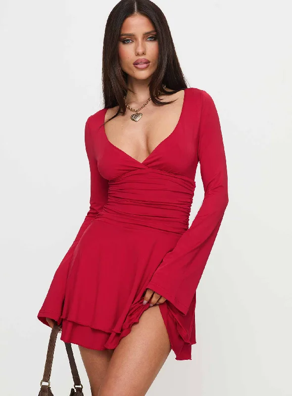 Birthday dresses for formal events with pastel colors and floral patterns -Canino Long Sleeve Mini Dress Red Birthday dresses for formal events with pastel colors and floral patterns -Canino Long Sleeve Mini Dress Red