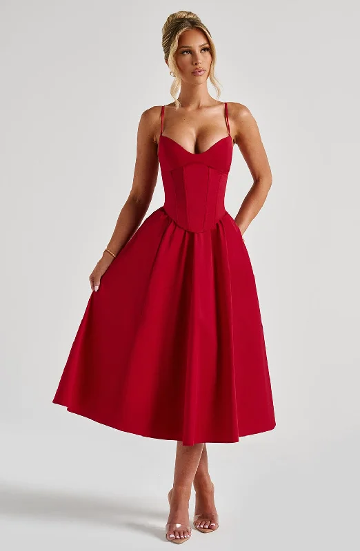 Corset dresses with metallic accents and glitter for parties and celebrations to shine and impress -Mariella Midi Dress - Red Corset dresses with metallic accents and glitter for parties and celebrations to shine and impress -Mariella Midi Dress - Red