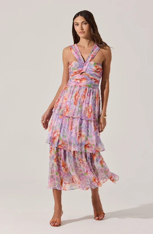 Wedding guest outfit ideas with metallic accents- -Tiered Floral Cutout Midi Dress