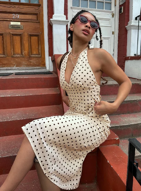 Formal party dresses with luxurious fabrics and sophisticated designs for formal events and high-end galas -Kimbelle Halter Maxi Dress Cream / Polka Dot