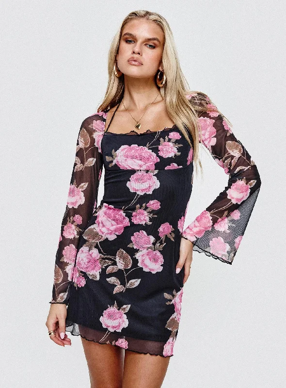 Birthday dresses with eco-friendly materials and sustainable production for environmental awareness and responsibility -Bilbao Long Sleeve Mini Dress Black / Floral Birthday dresses with eco-friendly materials and sustainable production for environmental awareness and responsibility -Bilbao Long Sleeve Mini Dress Black / Floral