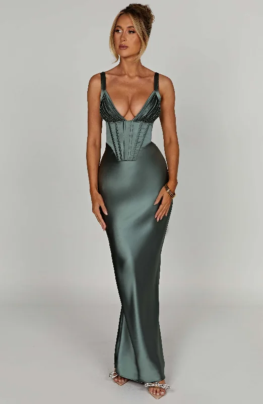 Corset dresses for special occasions with custom designs and embroidery for exclusivity and uniqueness -Shae Maxi Dress - Sage