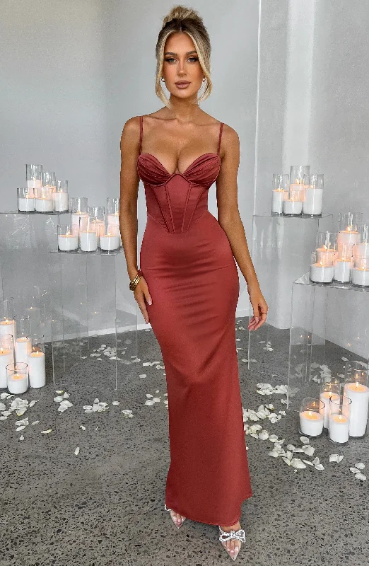 Corset dresses for formal events with pastel colors and floral patterns for a fresh and youthful appearance -Onika Maxi Dress - Rust Corset dresses for formal events with pastel colors and floral patterns for a fresh and youthful appearance -Onika Maxi Dress - Rust