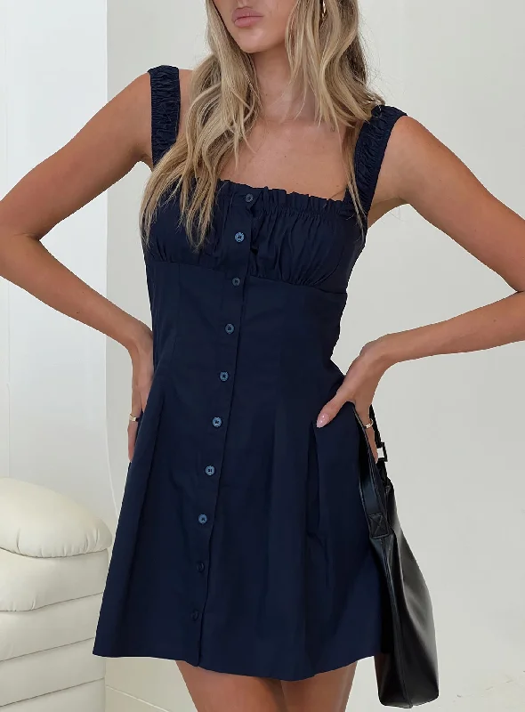 Prom dresses for spring fashion with bright colors and floral patterns for a vibrant and lively appearance -Wait For You Mini Dress Navy