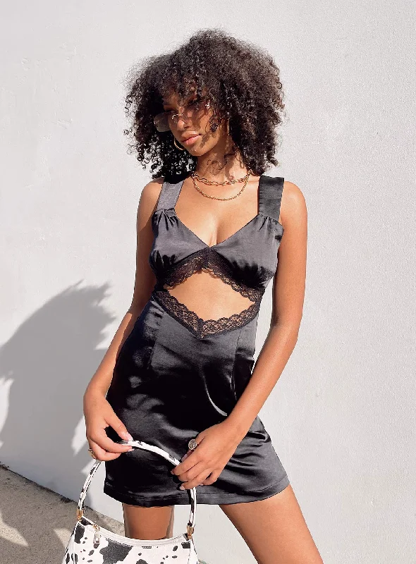 Party dresses with convertible necklines and sleeves -Keeley Lace Satin Dress Black Party dresses with convertible necklines and sleeves -Keeley Lace Satin Dress Black