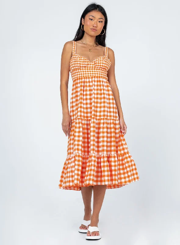 Party dresses for formal events with convertible necklines -Bea Maxi Dress Orange Gingham Party dresses for formal events with convertible necklines -Bea Maxi Dress Orange Gingham