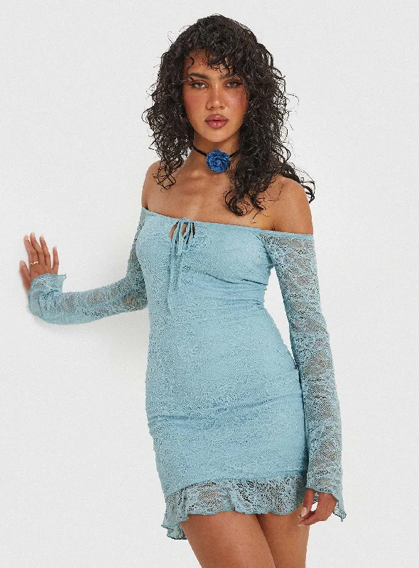 Party dresses for formal events with floral patterns and pastel colors -Boville Off The Shoulder Lace Mini Dress Blue Party dresses for formal events with floral patterns and pastel colors -Boville Off The Shoulder Lace Mini Dress Blue