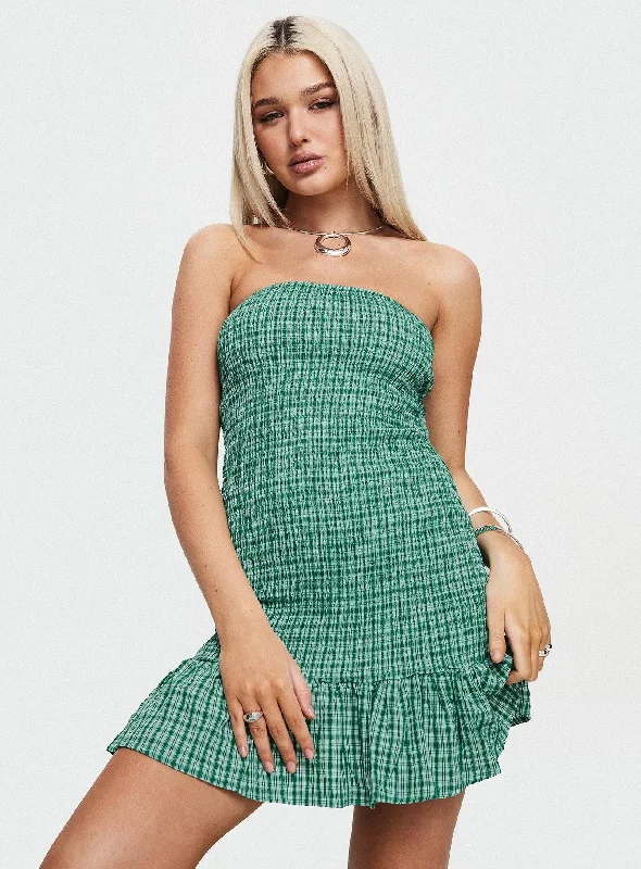 Formal party dresses for special occasions -Porschia Strapless Mini Dress Green Check