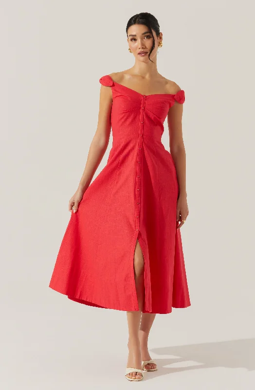 Bridesmaid dress discounts for bulk orders- -Charelin Linen Off Shoulder Dress