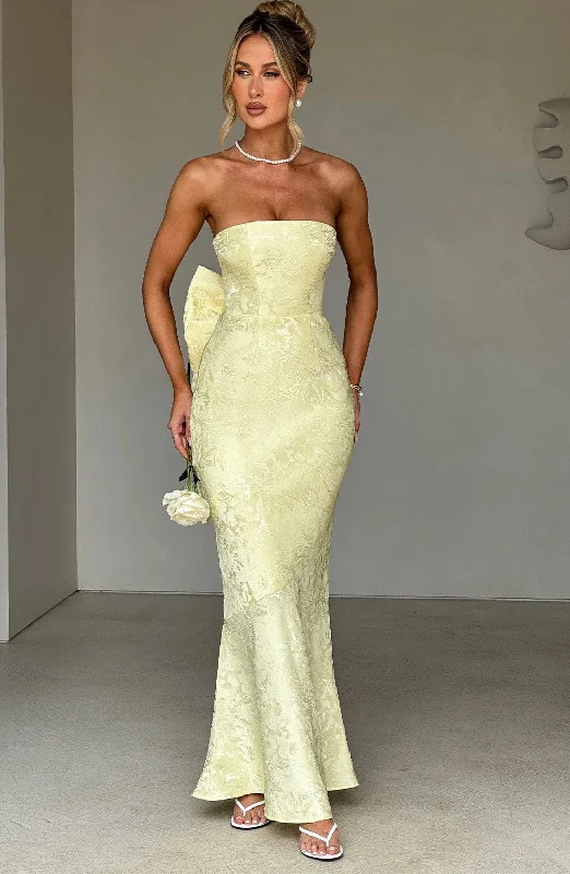 Formal gowns with eco-friendly materials and sustainable production for environmental responsibility and awareness -Felicity Maxi Dress - Lemon Formal gowns with eco-friendly materials and sustainable production for environmental responsibility and awareness -Felicity Maxi Dress - Lemon