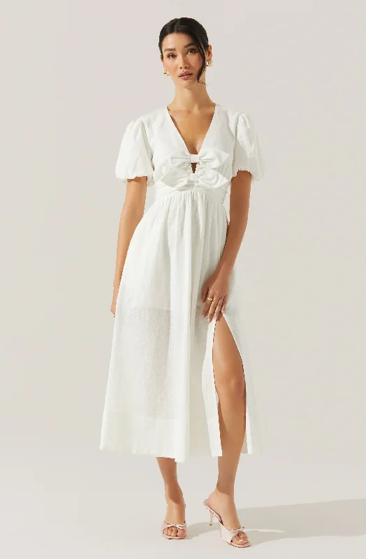 Wedding gowns with royal trains and lace -Citrine Linen Bow Front Midi Dress
