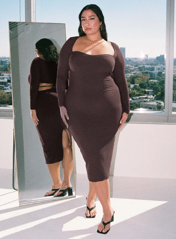 Formal party dresses with luxurious fabrics and sophisticated designs for formal events and galas -Nolan Midi Dress Brown Curve Formal party dresses with luxurious fabrics and sophisticated designs for formal events and galas -Nolan Midi Dress Brown Curve