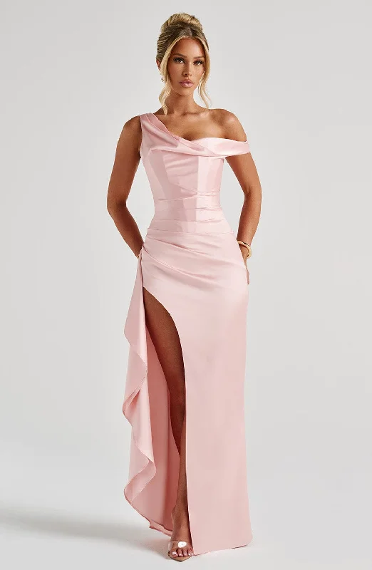 Corset dresses with eco-friendly materials and sustainable production for environmental awareness and responsibility -Juliene Maxi Dress - Blush